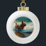 Australian Terrier Beach Surfing Painting  Ceramic Ball Christmas Ornament<br><div class="desc">Immerse yourself in the playful world of canine adventure with this captivating painting. A spirited dog takes to the waves, skilfully riding the surf on a sun-kissed beach. The vibrant artwork beautifully captures the essence of beachside excitement as the dog fearlessly rides the waves, embodying the spirit of fun and...</div>