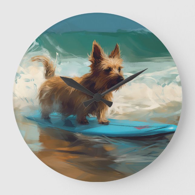 Australian Terrier Beach Surfing Painting  Large Clock (Front)