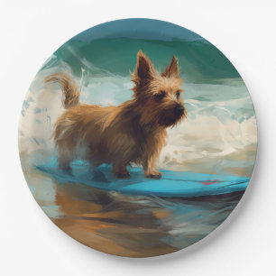 Australian Terrier Beach Surfing Painting Paper Plate