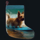 Australian Terrier Beach Surfing Painting  Small Christmas Stocking<br><div class="desc">Immerse yourself in the playful world of canine adventure with this captivating painting. A spirited dog takes to the waves, skilfully riding the surf on a sun-kissed beach. The vibrant artwork beautifully captures the essence of beachside excitement as the dog fearlessly rides the waves, embodying the spirit of fun and...</div>