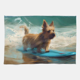 Australian Terrier Beach Surfing Painting Tea Towel