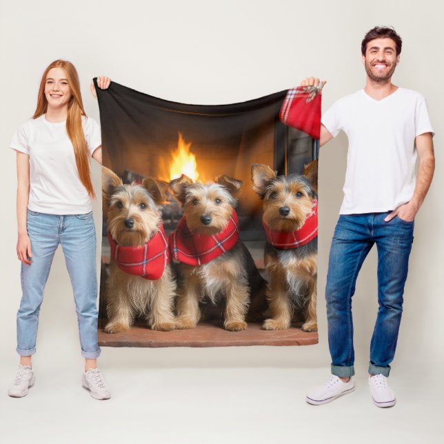 Australian Terrier by the Fireplace Christmas Fleece Blanket (In Situ)