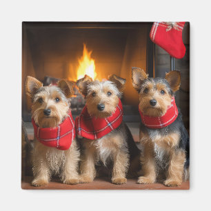 Australian Terrier by the Fireplace Christmas Magnet