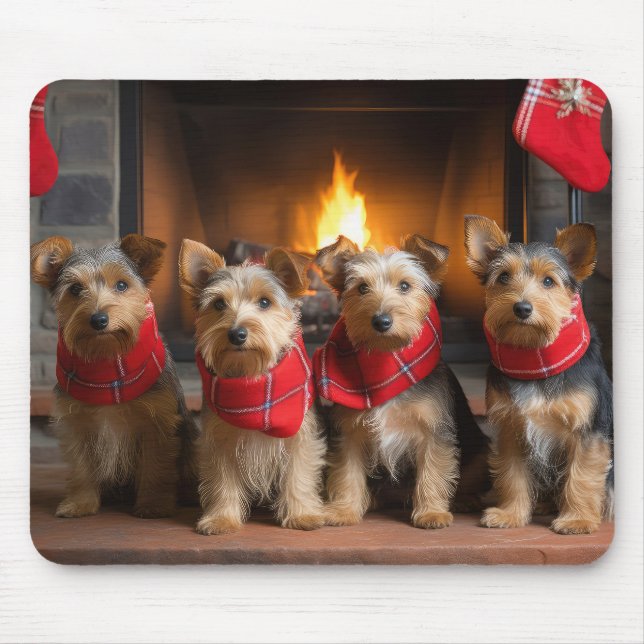 Australian Terrier by the Fireplace Christmas Mouse Pad (Front)