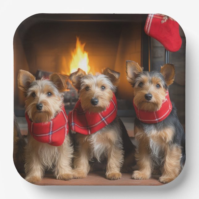 Australian Terrier by the Fireplace Christmas Paper Plate (Front)
