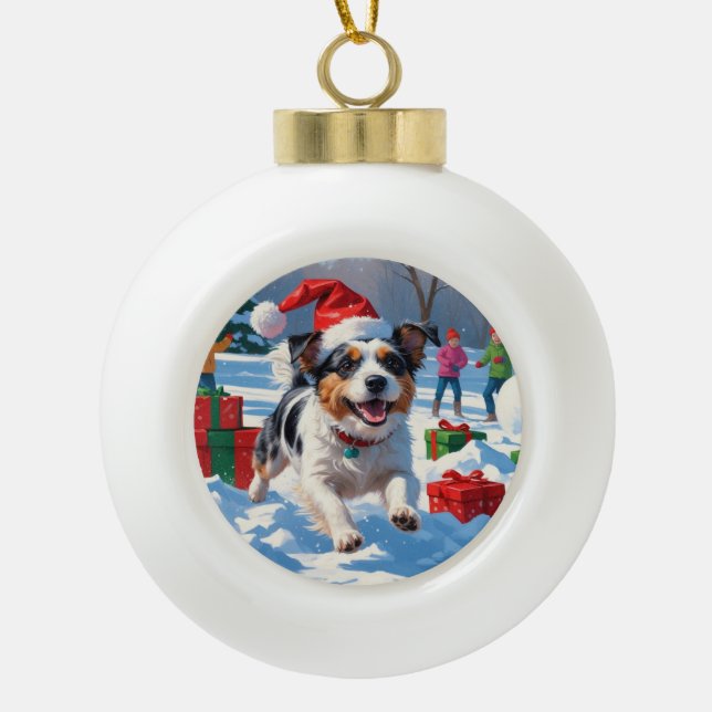 Australian Terrier Christmas Festive Snow Scene Ceramic Ball Christmas Ornament (Front)