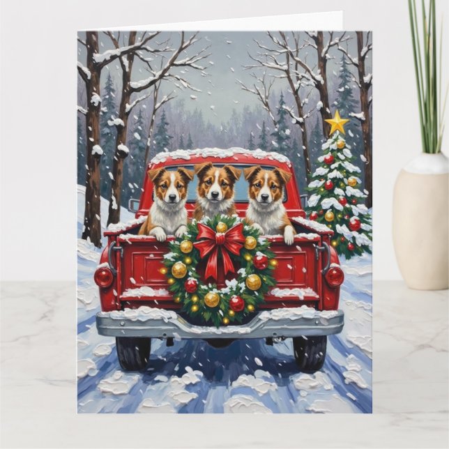 Australian Terrier Christmas Red Truck Holiday Card (Front)
