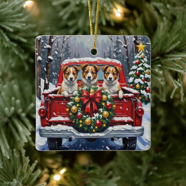 Australian Terrier Christmas Red Truck Holiday Ceramic Ornament (Tree)
