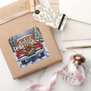 Australian Terrier Christmas Red Truck Holiday Square Sticker