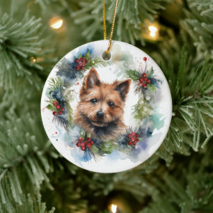 Australian Terrier Christmas Wreath Festive Pup  Ceramic Tree Decoration