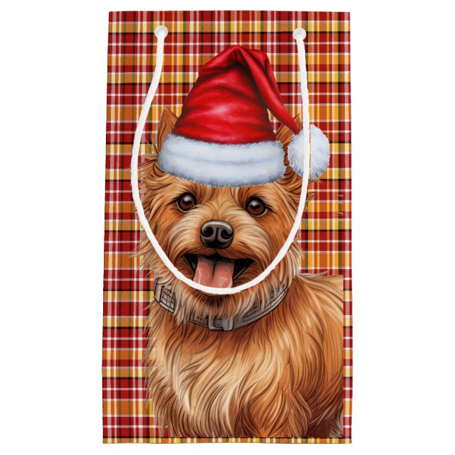 Australian Terrier Dog Holiday Plaid Christmas Small Gift Bag (Front)