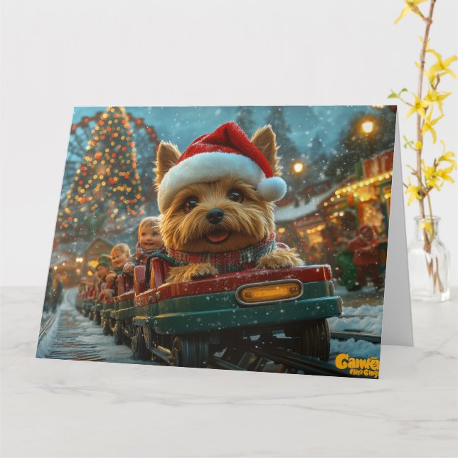 Australian Terrier Dog Roller Coaster Christmas Card (Yellow Flower)