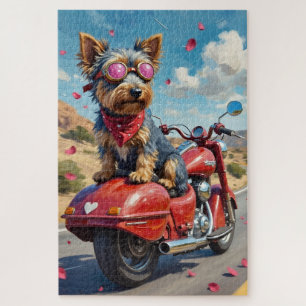 Australian Terrier Dog Valentine's Day Motorcycle Jigsaw Puzzle