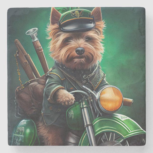 Australian Terrier driving bike St. Patrick's Day Stone Coaster (Front)