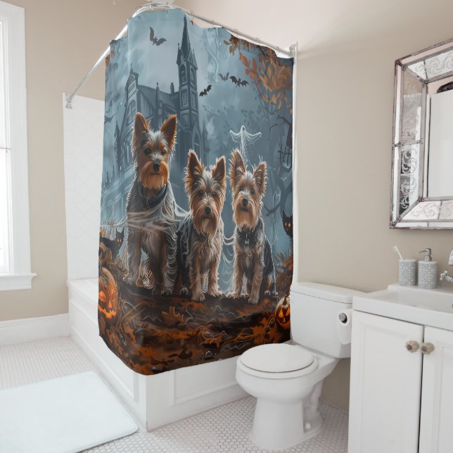 Australian Terrier Halloween Night Doggy Delight Shower Curtain (In Situ)