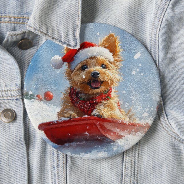 Australian Terrier in Sledge Let it Snow Christmas 6 Cm Round Badge (In Situ)
