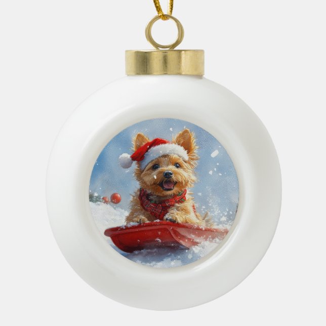 Australian Terrier in Sledge Let it Snow Christmas Ceramic Ball Christmas Ornament (Front)