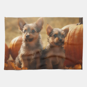 Australian Terrier Puppy Autumn Delight Pumpkin Tea Towel