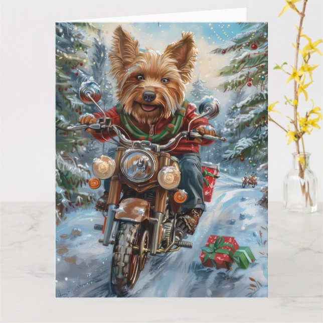 Australian Terrier Riding Motorcycle Christmas Card (Yellow Flower)