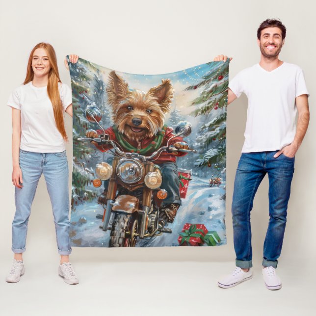 Australian Terrier Riding Motorcycle Christmas Fleece Blanket (In Situ)
