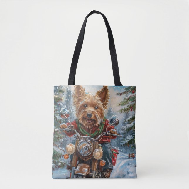 Australian Terrier Riding Motorcycle Christmas Tote Bag (Front)