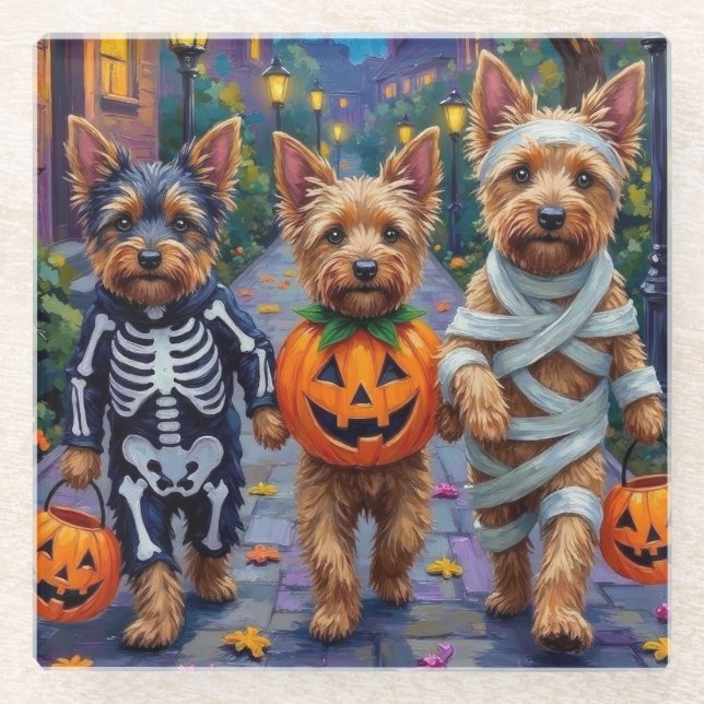 Australian Terrier Trick-or-Treating in Halloween Glass Coaster (Front)