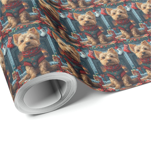 Australian Terrier With Christmas Gifts Fireplace Wrapping Paper (Roll Corner)