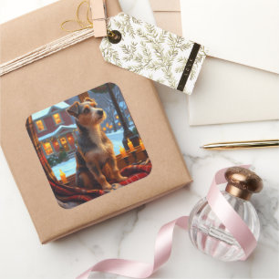 Australian Terrier With Christmas Lights Holiday Square Sticker