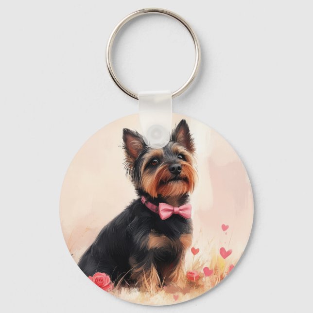 Australian Terrier with Roses - Valentine's Day Key Ring (Front)