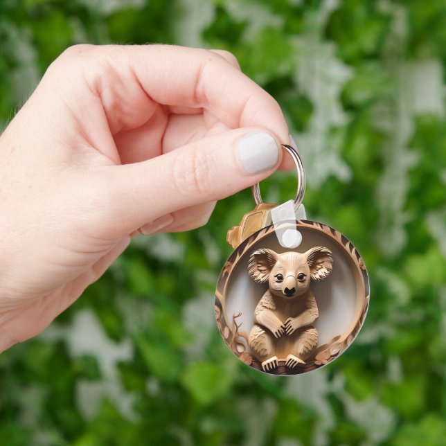 Australian Tree Hugger: Koala Bear Wood Print Key Ring (Hand)