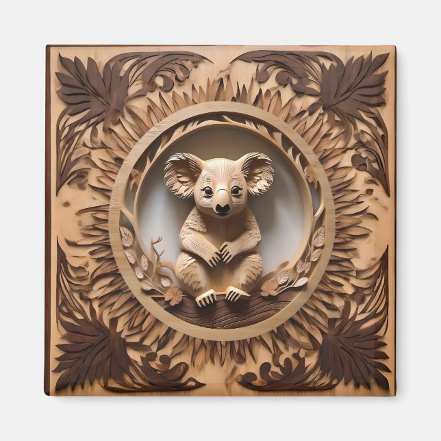 Australian Tree Hugger: Koala Bear Wood Print Magnet (Front)