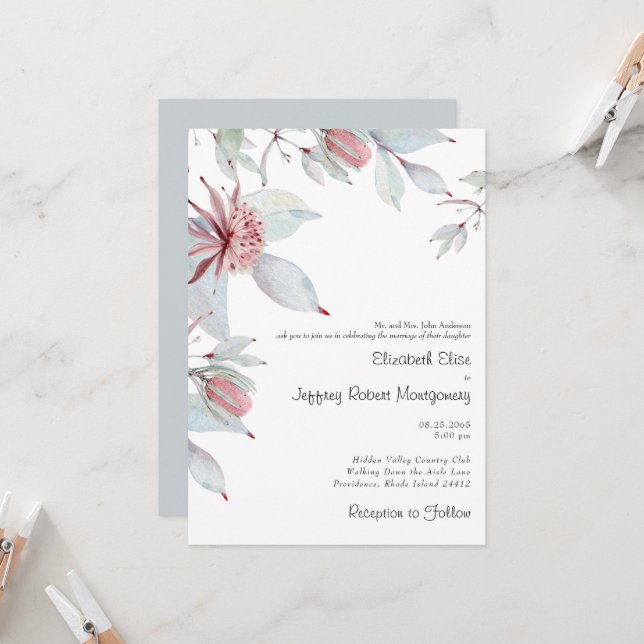 Australian Tropical Floral Dusty Blue Wedding Invitation (Front/Back In Situ)