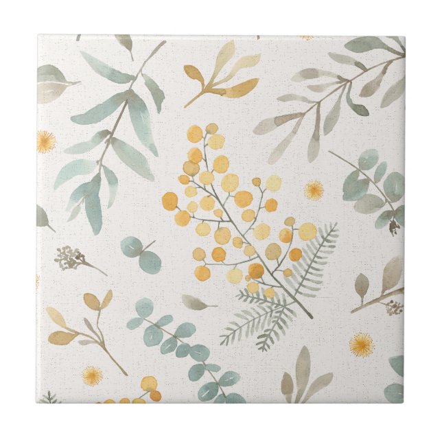 Australian wattle and eucalyptus watercolor floral tile (Front)