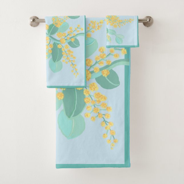 Australian Wattle blossoms green and gold Bath Towel Set (Insitu)