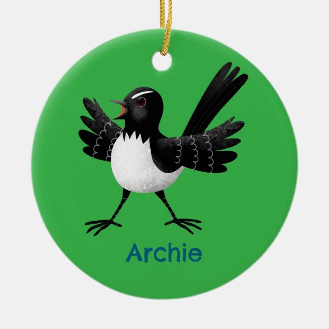 Australian Willie Wagtail cartoon personalised Ceramic Tree Decoration (Front)