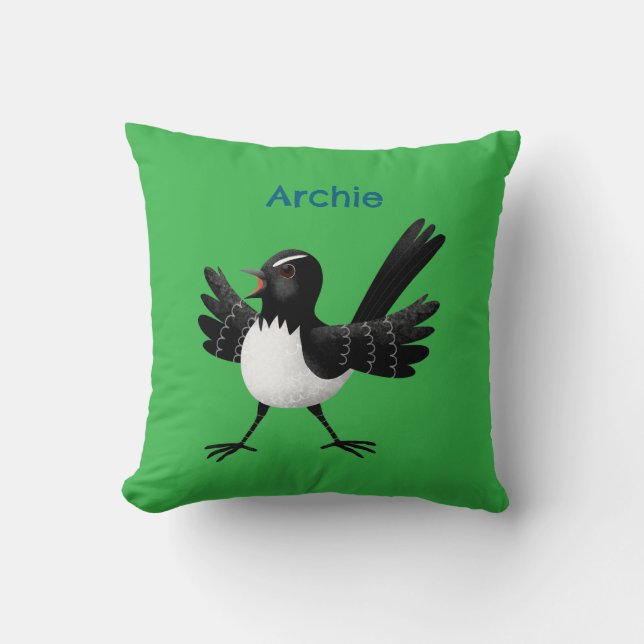Australian Willie Wagtail cartoon personalised Cushion (Front)