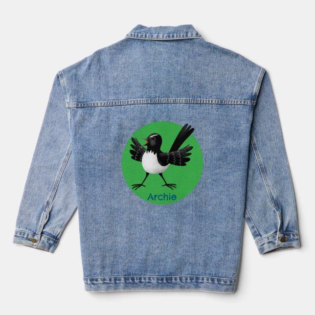 Australian Willie Wagtail cartoon personalised Denim Jacket (Back)