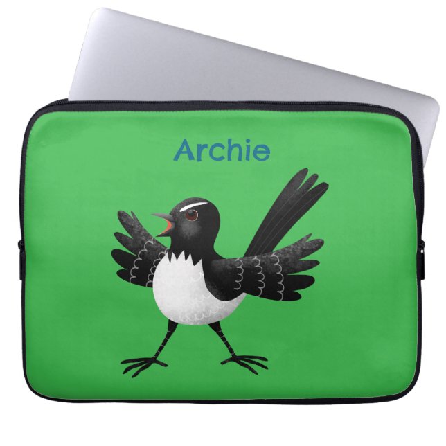 Australian Willie Wagtail cartoon personalised Laptop Sleeve (Front)