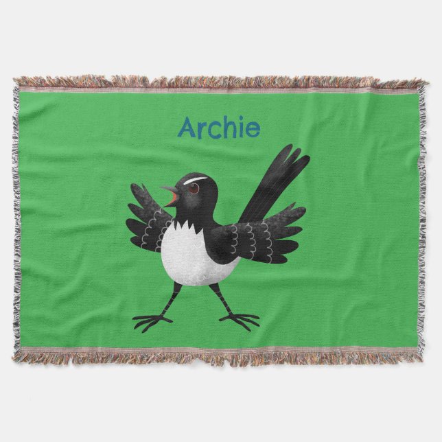 Australian Willie Wagtail cartoon personalised Throw Blanket (Front)