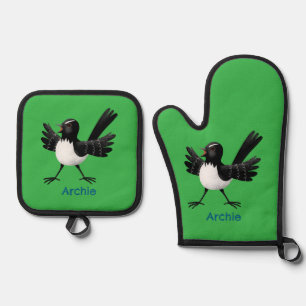 Australian Willie Wagtail cartoon personalized Oven Mitt & Pot Holder Set