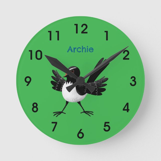 Australian Willie Wagtail cartoon  Round Clock (Front)