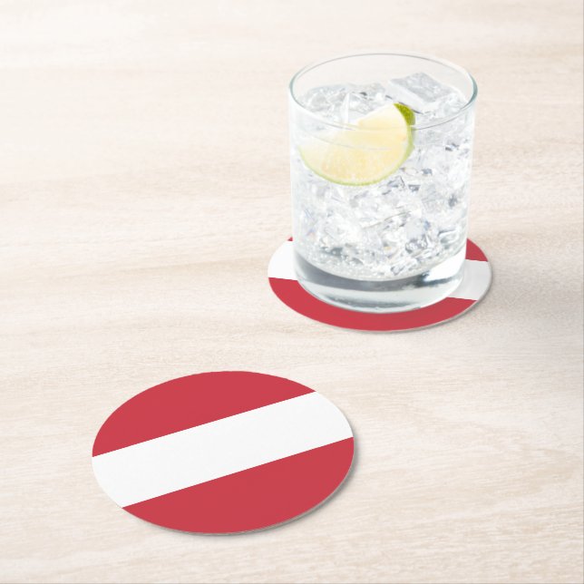 Austria flag round paper coaster (Insitu)
