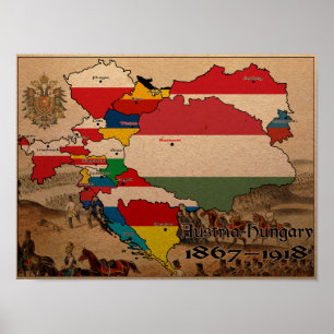 Austria Hungary Flag Map Poster