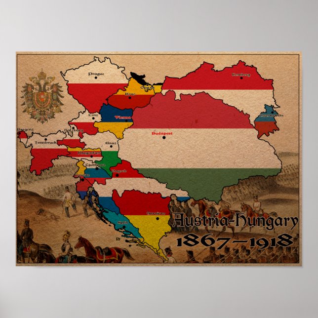 Austria Hungary Flag Map Poster (Front)