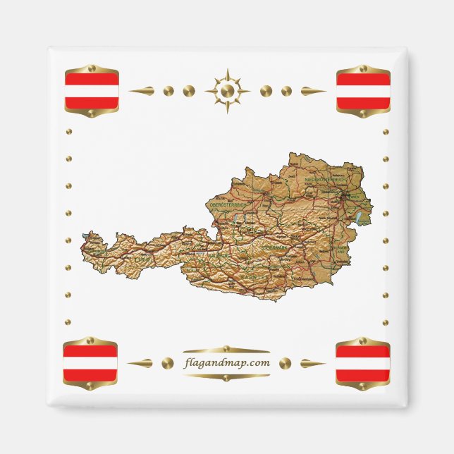Austria Map + Flags Magnet (Front)
