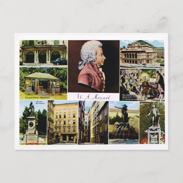 Austria, Mozart, places linked to Mozart Postcard (Front)