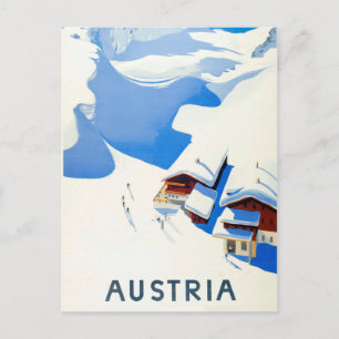 Austria, ski, cottage in mountains on winter postcard
