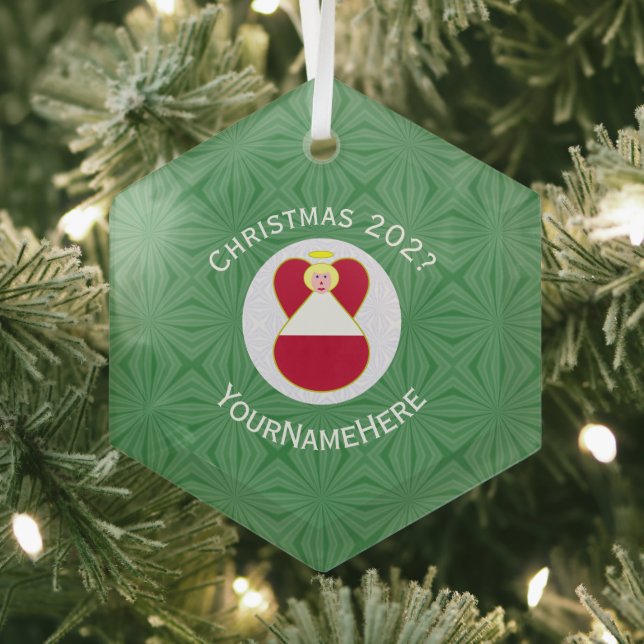 Austrian Flag Christmas Angel Name Year Hexagon Glass Tree Decoration (Insitu)