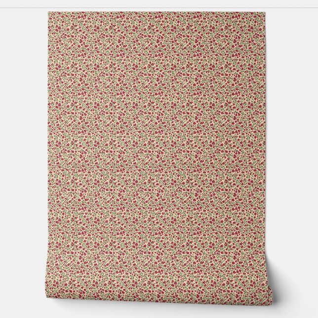 Authentic 1940s Muted Burgundy Floral Sprig Patter Wallpaper (Unrolling)