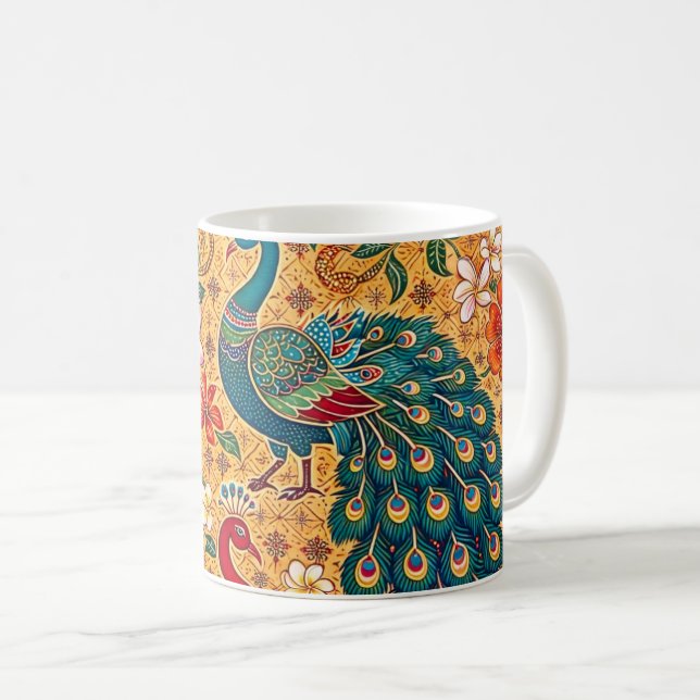 Authentic Ceylon Peacock Batik -Sri Lanka Coffee Mug (Front Right)
